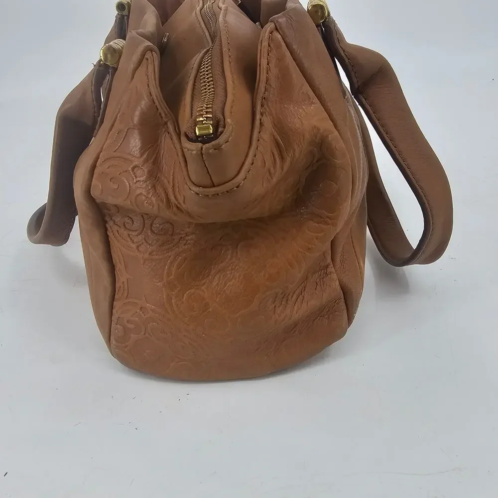 The Sak Serena Tan Brown Distressed Leather Satchel Bag Purse Western Boho Chic